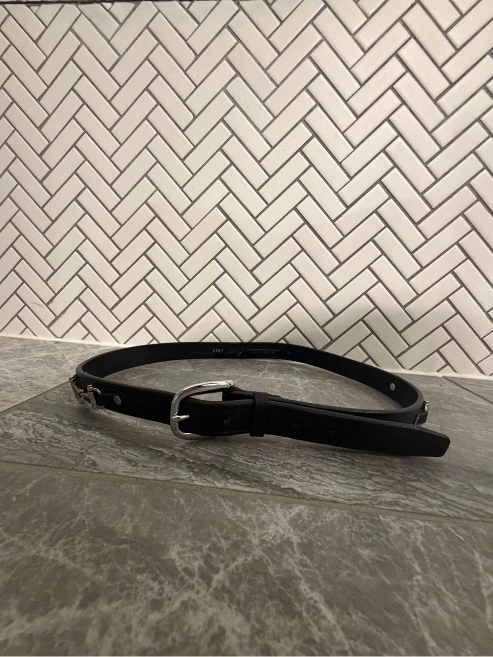 Tory Leather Black and Grey Equestrian Snaffle Dee Ring Bit Leather Belt